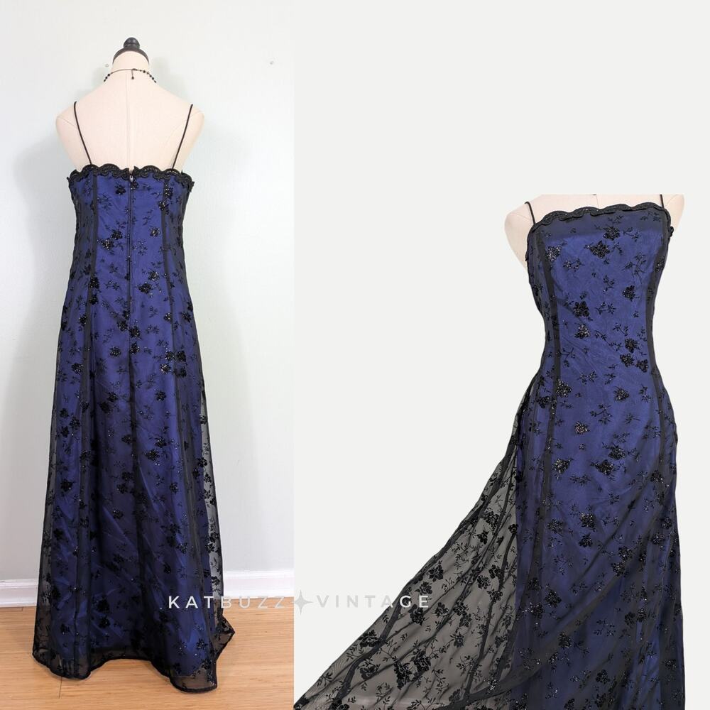Vintage Betsy Adam Prom Dress Maxi Gown M Blue Black 90s Goth Velvet Floral - Picture 2 of 14